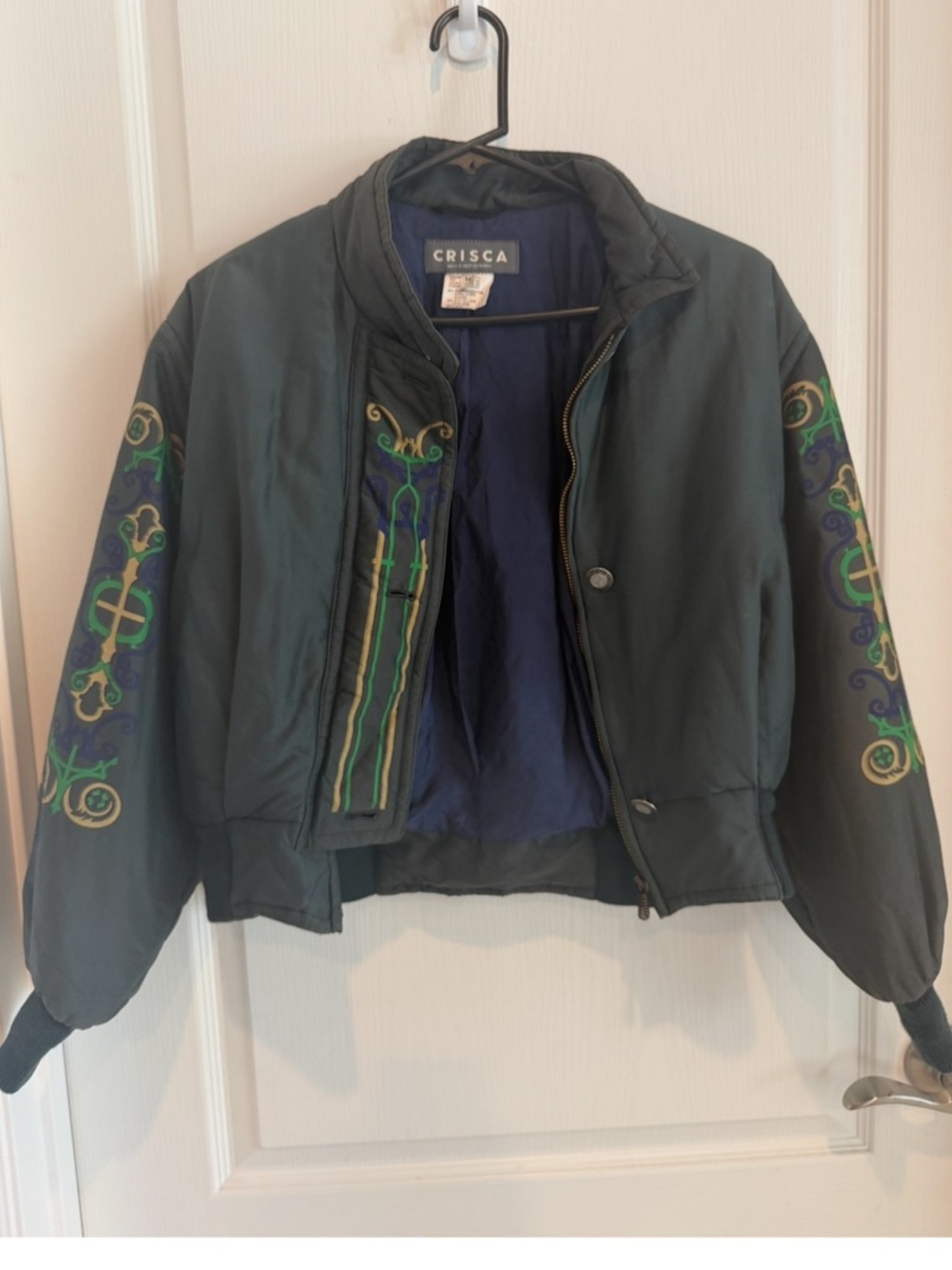 Vintage Crisca Bomber Jacket West Germany Cropped Printed Silk Blend Size 34